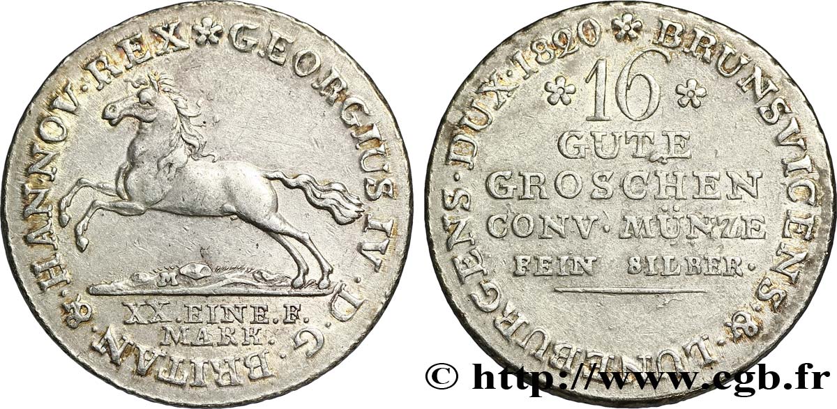 ALLEMAGNE - HANOVRE 16 Gute Groschen Royaume de Hanovre frappe au nom de Georges IV roi de Grande-Bretagne et de Hanovre / cheval 1820  SUP 