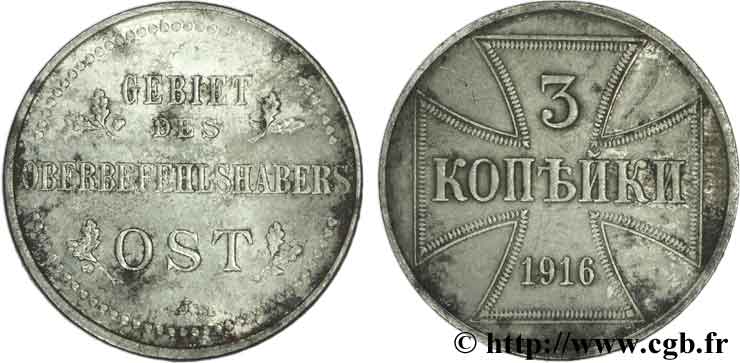 ALLEMAGNE 3 Kopecks Monnaie d’occupation du commandement supérieur du front Est 1916 Hambourg - J TTB+ 