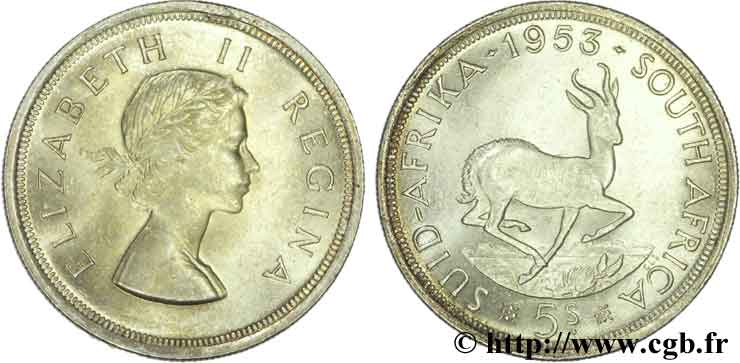 AFRIQUE DU SUD 5 Shillings Elisabeth II / springbok 1953 Pretoria SUP 