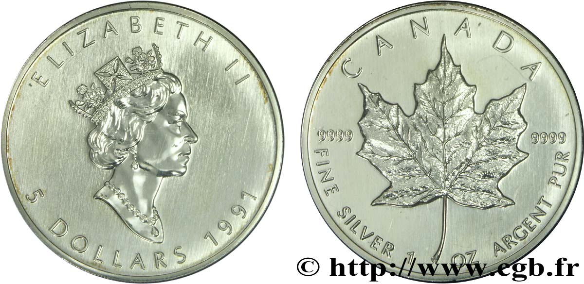 CANADA 5 Dollars (1 once) feuille d’érable / Elisabeth II 1991  SPL 
