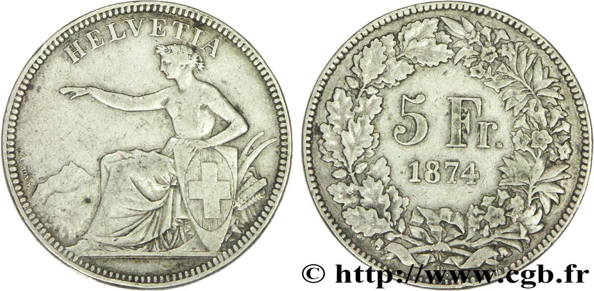 SUISSE 5 Francs Helvetia assise à l’écu 1874 Bruxelles - B. TB+ 