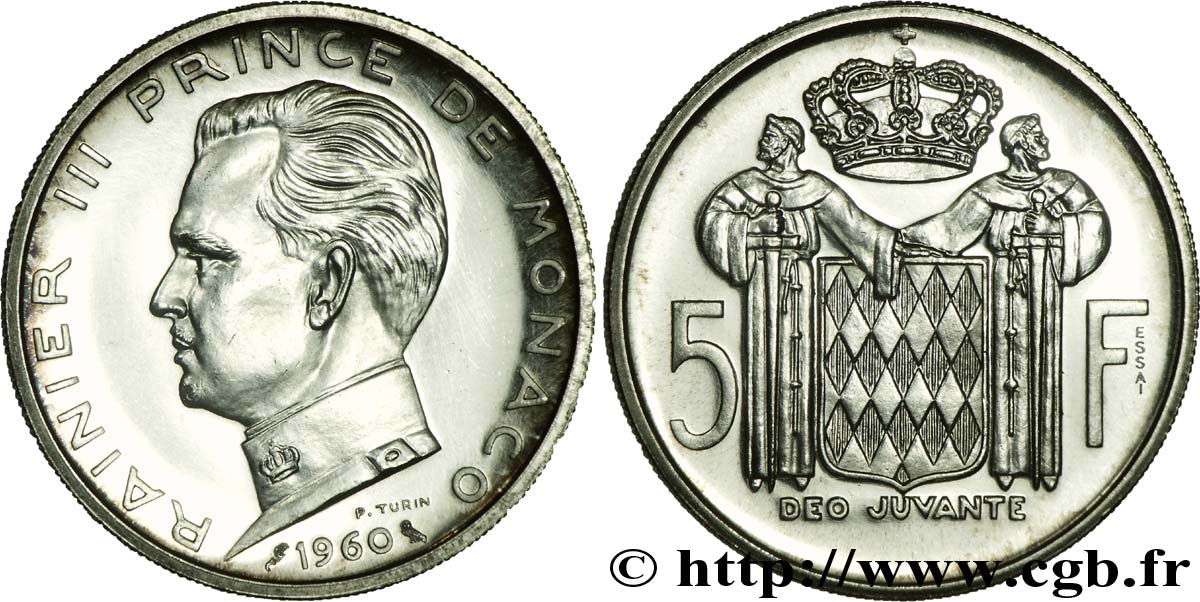 MONACO Essai de 5 Francs prince Rainier III de Monaco 1960 Paris SPL 