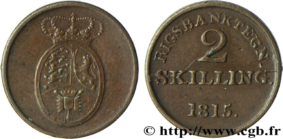 DANEMARK 2 Skilling Rigsbanktegn (jeton de la banque nationale) armes couronnée du Danemark, de Norvège et du Holstein 1815  TTB+ 