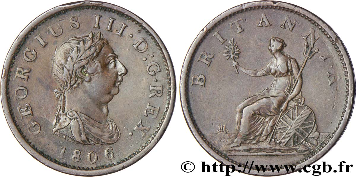 ROYAUME-UNI 1 Penny Georges III tête laurée 1806  TTB 