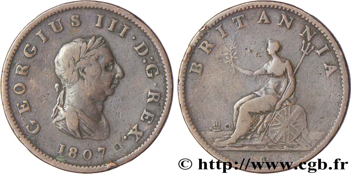 ROYAUME-UNI 1/2 Penny Georges III tête laurée 1807  B+ 