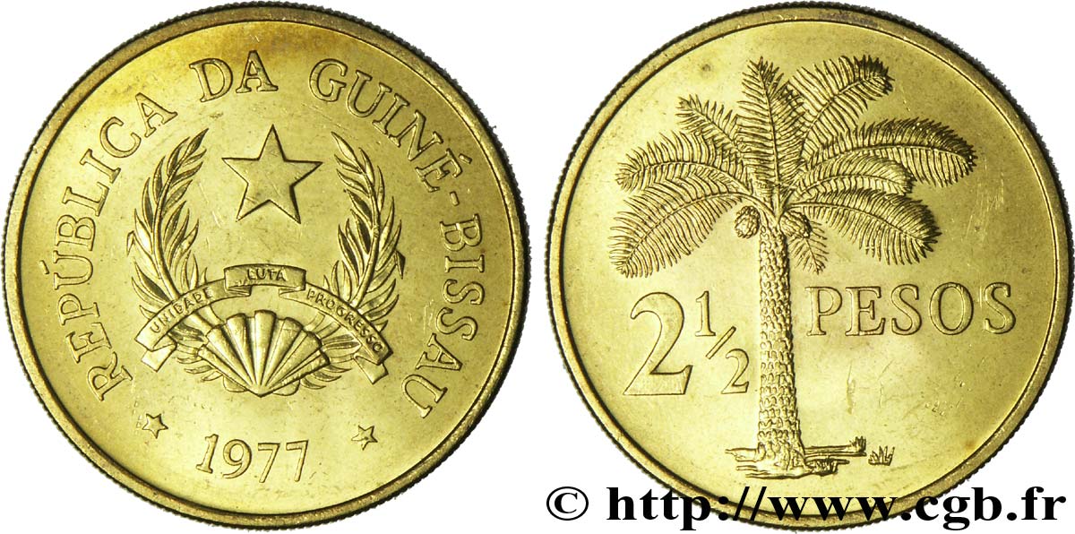 GUINÉE BISSAU 2 1/2 Pesos emblème / palmier 1977  SPL 