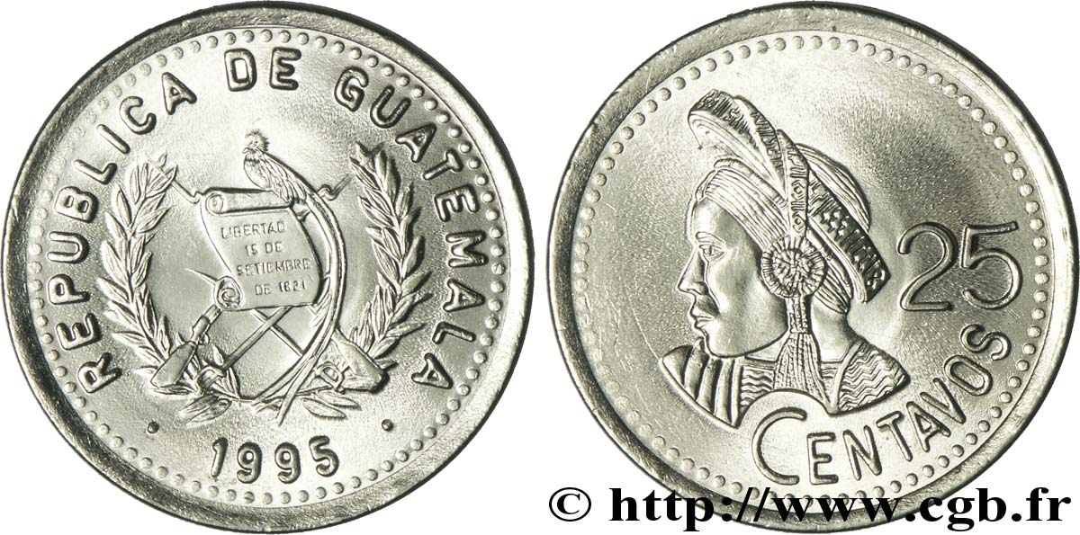 GUATEMALA 25 Centavos emblème au quetzal / femme portant la coiffe traditionelle 1995  SPL 