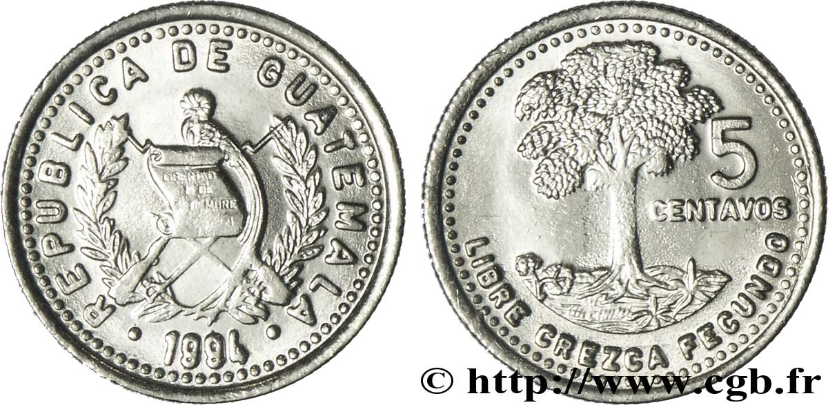 GUATEMALA 5 Centavos emblème au quetzal / arbre 1994  SPL 