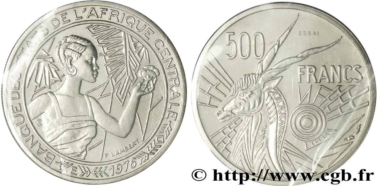 CENTRAL AFRICAN STATES Essai de 500 Francs femme / antilope lettre ‘E’ Cameroun 1976 Paris MS 