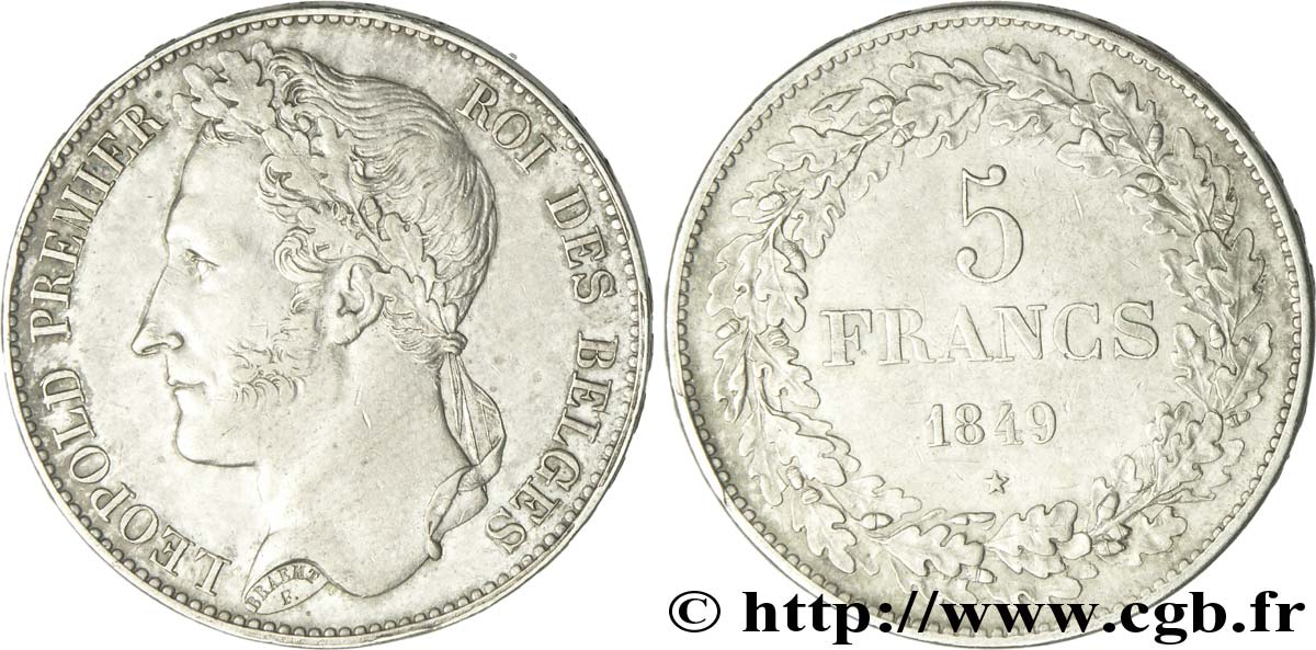 BELGIQUE 5 Francs Léopold Ier tête laurée 1849  SUP 
