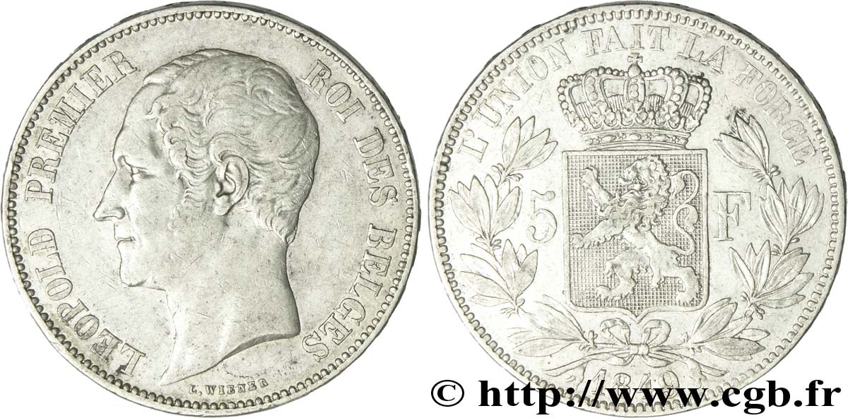 BELGIQUE 5 Francs Léopold Ier tête nue 1849  TTB+ 