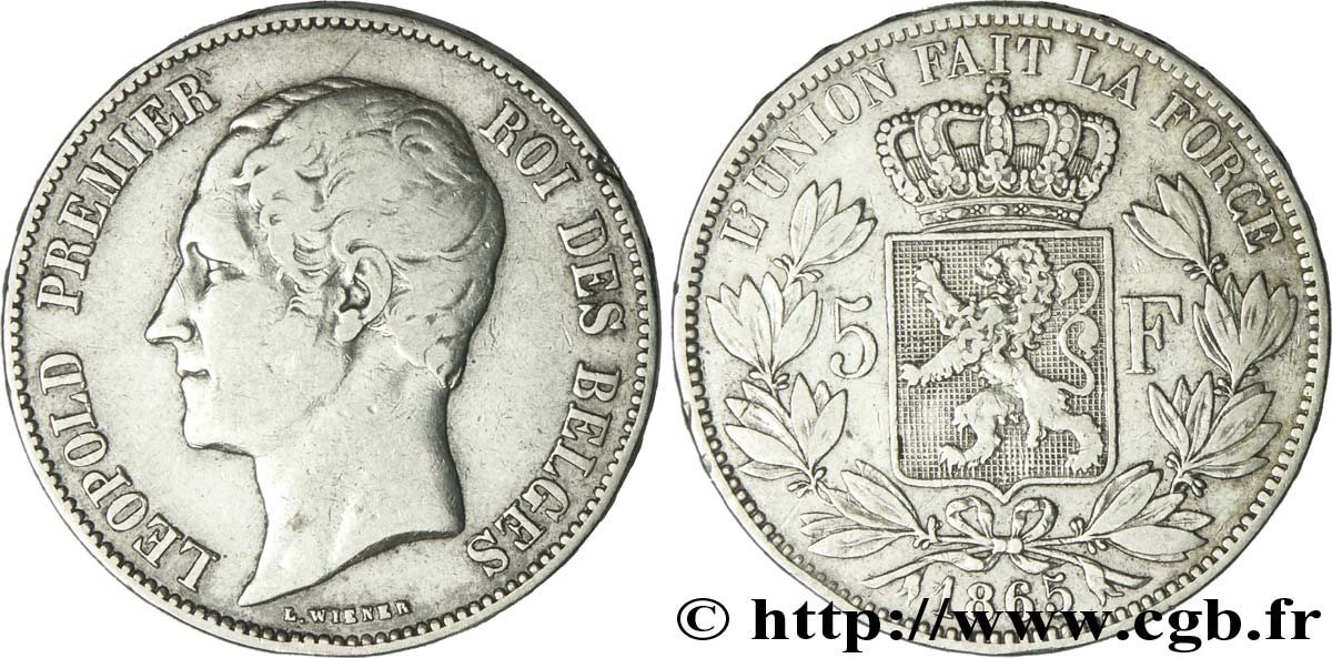 BELGIQUE 5 Francs Léopold Ier tête nue 1865  TB 