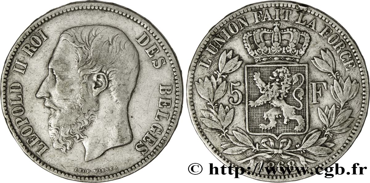 BELGIUM 5 Francs Léopold II 1868  VF 
