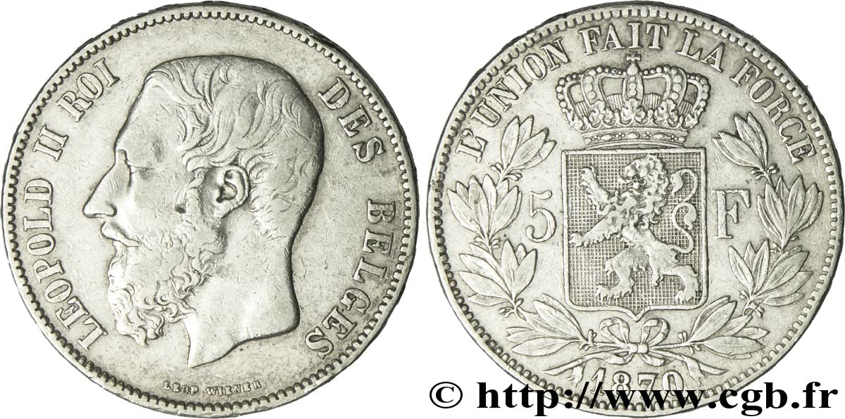 BELGIQUE 5 Francs Léopold II 1870  TB 