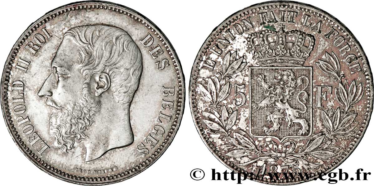 BELGIQUE 5 Francs Léopold II 1875  TTB+ 