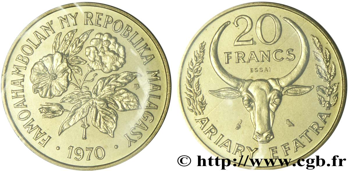 MADAGASCAR Essai de 20 Francs - 4 Ariary buffle / fleurs 1970 Paris FDC 