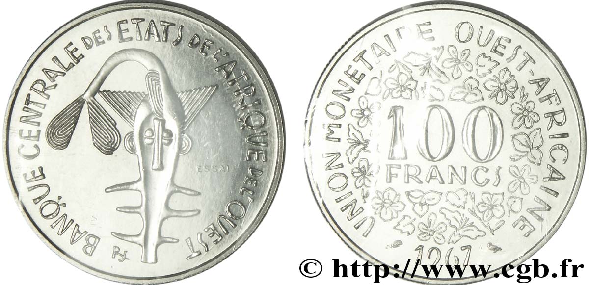 ÉTATS DE L AFRIQUE DE L OUEST (BCEAO) Essai de 100 Francs masque sous sachet d’origine avec liseré tricolore 1967 Paris FDC 