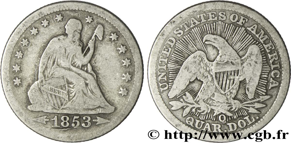 ÉTATS-UNIS D AMÉRIQUE 1/4 Dollar Liberté assise type de 1853 avec rayons autour de l’aigle 1853 Nouvelle-Orléans - O TB+ 