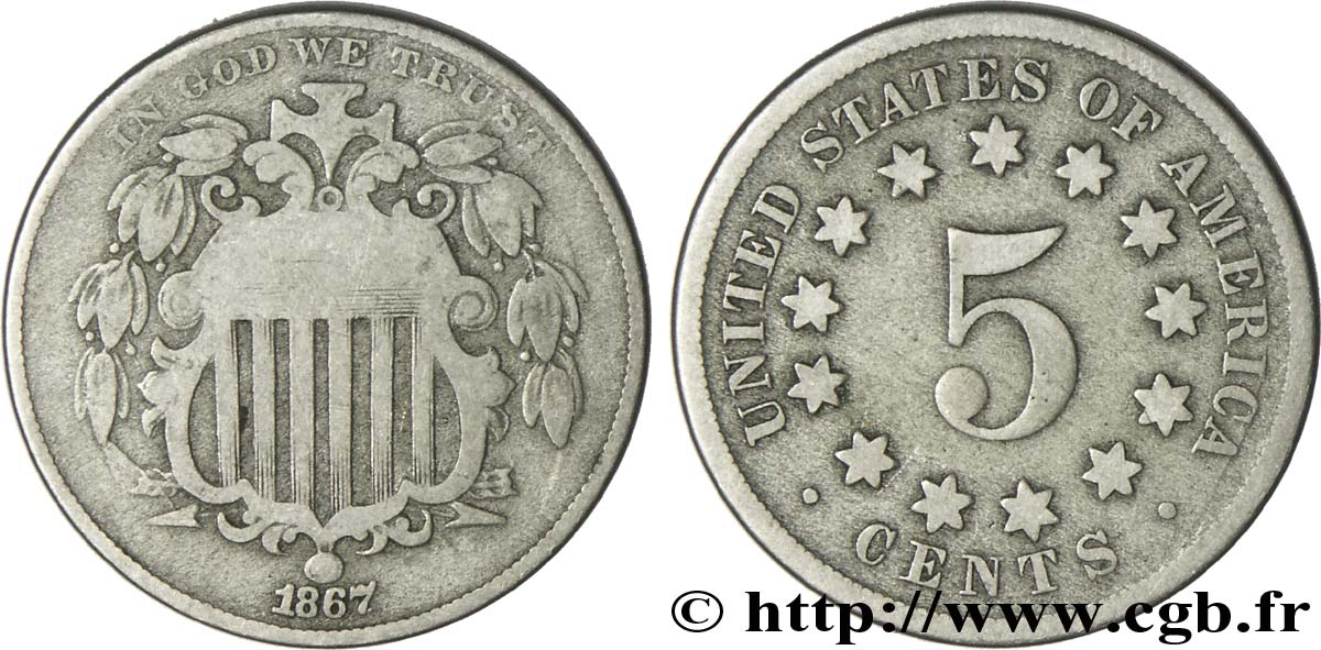 ÉTATS-UNIS D AMÉRIQUE 5 Cents bouclier variété sans rayons entre les étoiles 1867 Philadelphie TB 