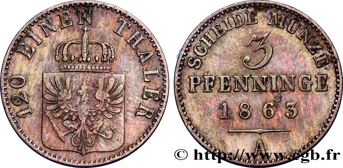 ALEMANIA - PRUSIA 3 Pfenninge Royaume de Prusse écu à l’aigle 1863 Berlin EBC 