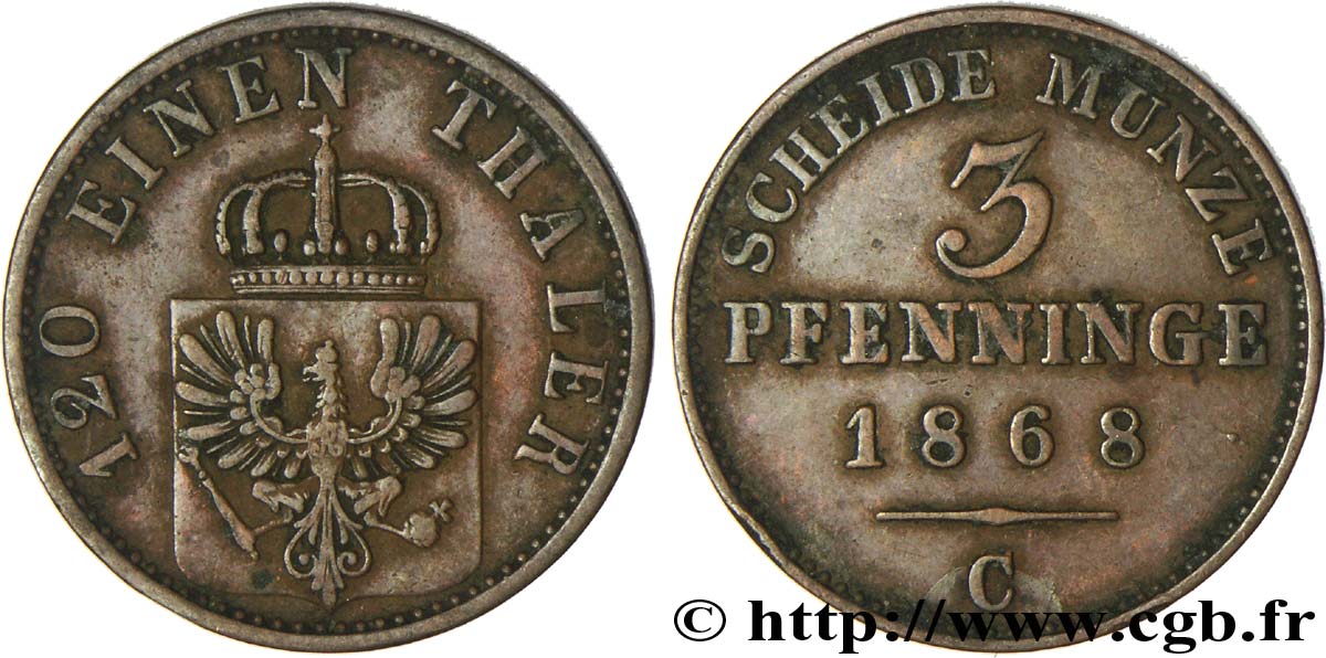 ALLEMAGNE - PRUSSE 3 Pfenninge Royaume de Prusse écu à l’aigle 1868 Francfort - C TTB
 