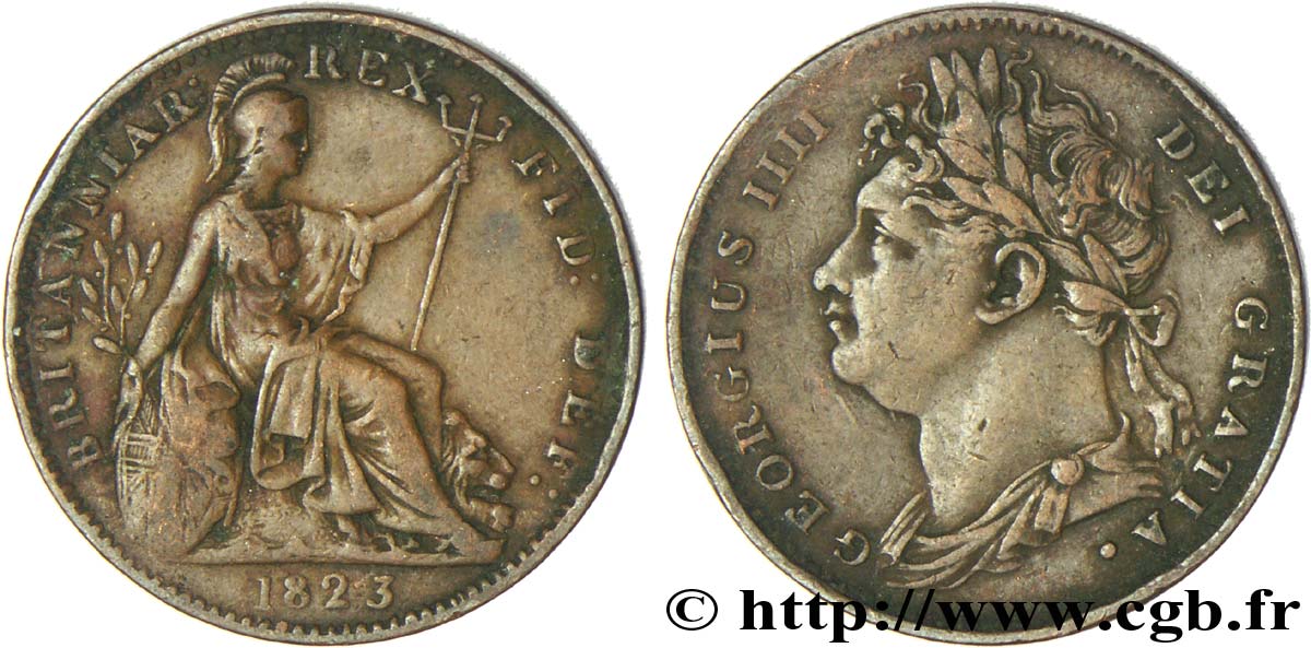ROYAUME-UNI 1 Farthing Georges IV tête laurée / Albion 1823  TTB+ 