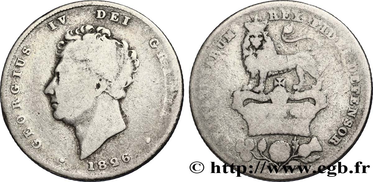 ROYAUME-UNI 1 Shilling Georges IV tête nue / lion surmontant une couronne 1826  TB 