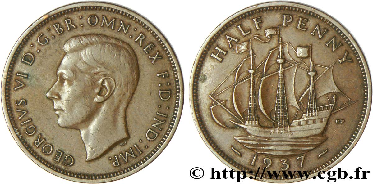 ROYAUME-UNI 1/2 Penny Georges VI / voilier 1937  TTB 