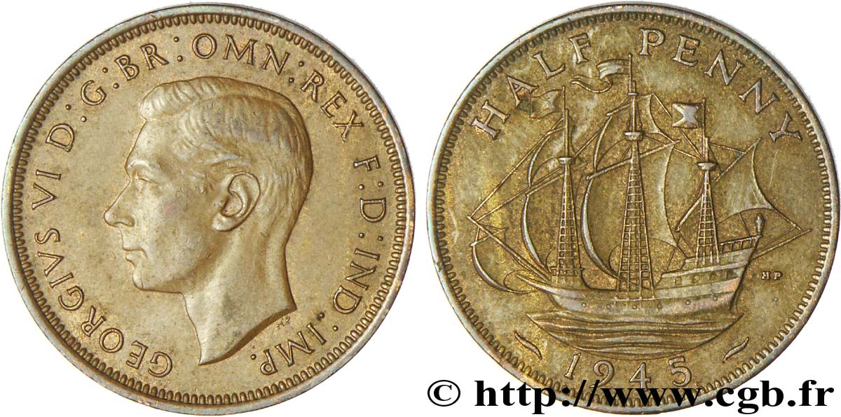 ROYAUME-UNI 1/2 Penny Georges VI / voilier 1945  TTB 