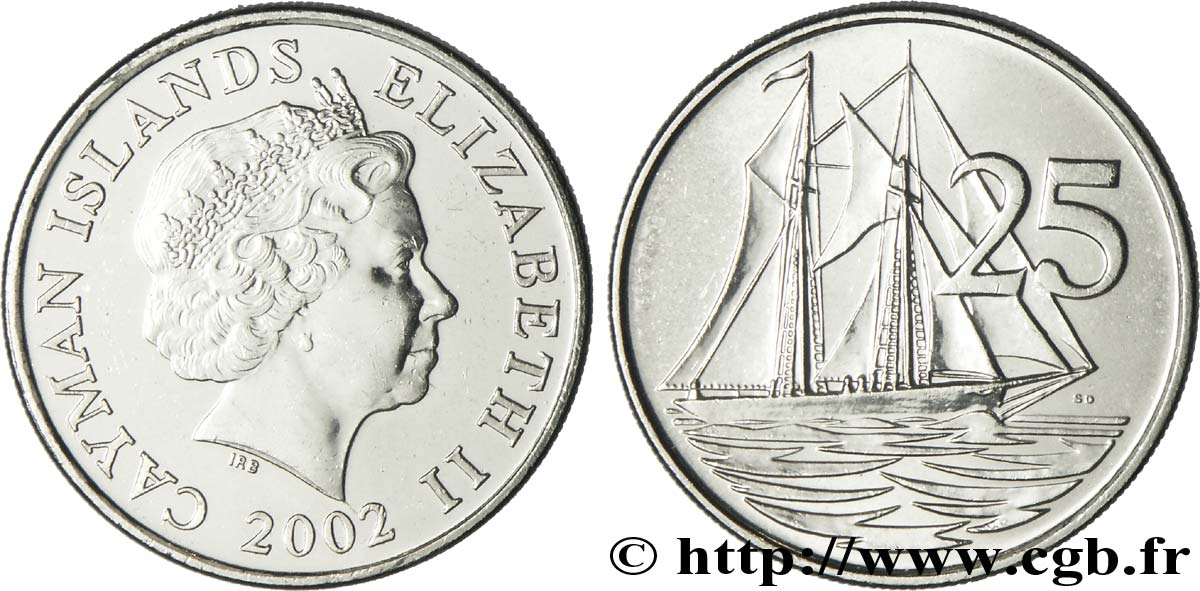 ISOLE CAYMAN 25 Cents Elisabeth II / voilier 2002 Cardiff, British Royal Mint MS 