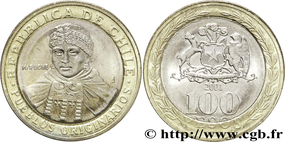 CHILI 100 Pesos indienne mapuche / emblème 2001 Santiago - S° SPL 
