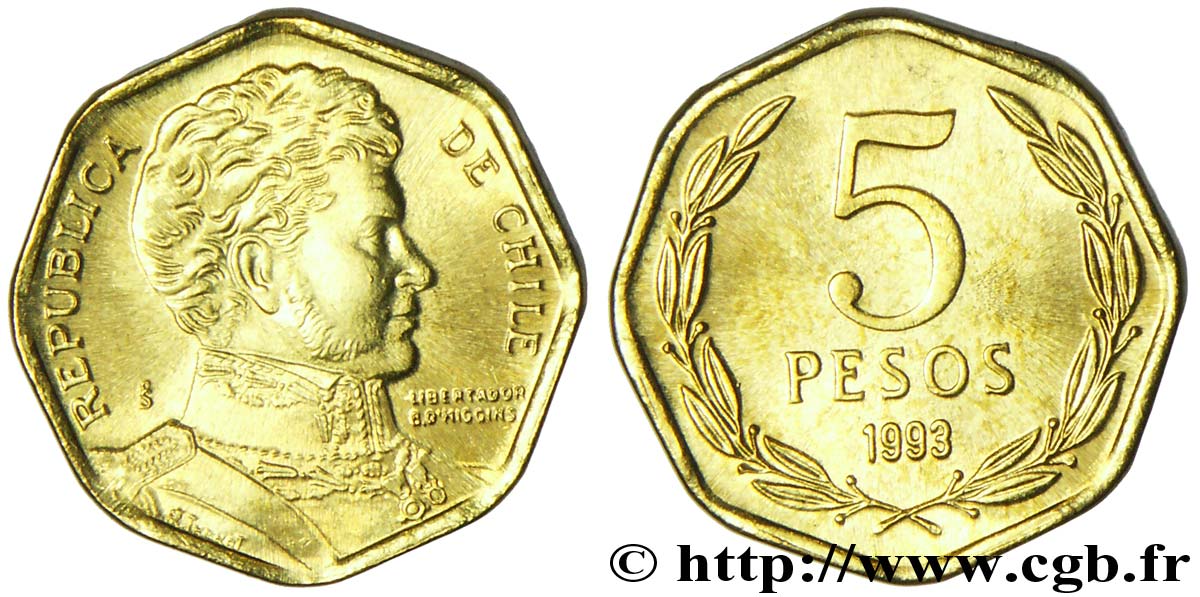 CHILI 5 Pesos Bernardo O’Higgins 1993 Santiago - S° SPL 