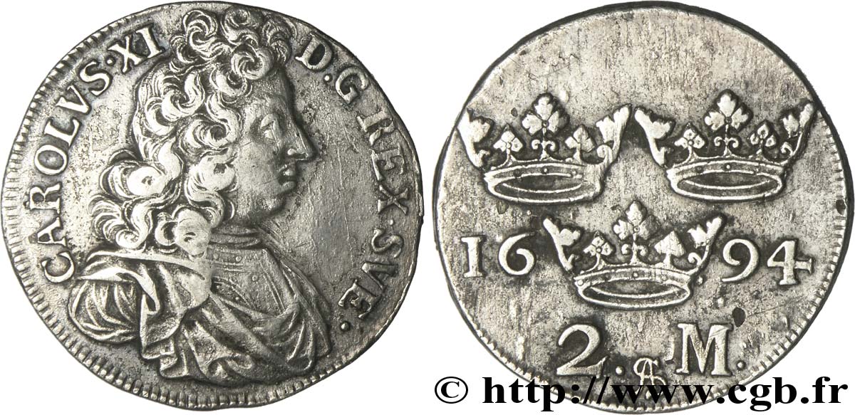 SUÈDE 2 Mark Charles XI / 3 couronnes 1694 Stockholm TTB 