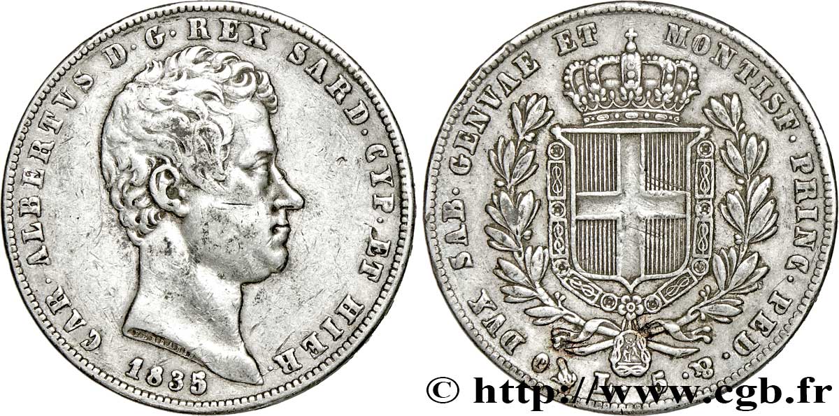 ITALIE - ROYAUME DE SARDAIGNE 5 Lire Charles Albert 1835 Gênes TB+