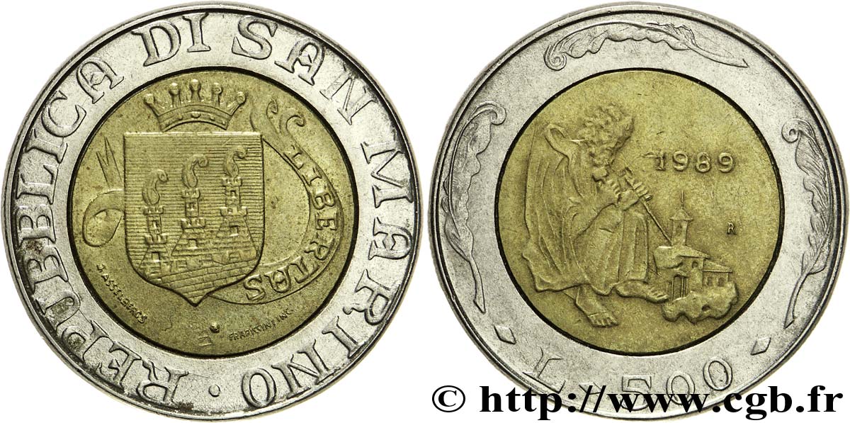 SAINT-MARIN 500 Lire emblème / graveur de pierre 1989 Rome - R TTB+ 