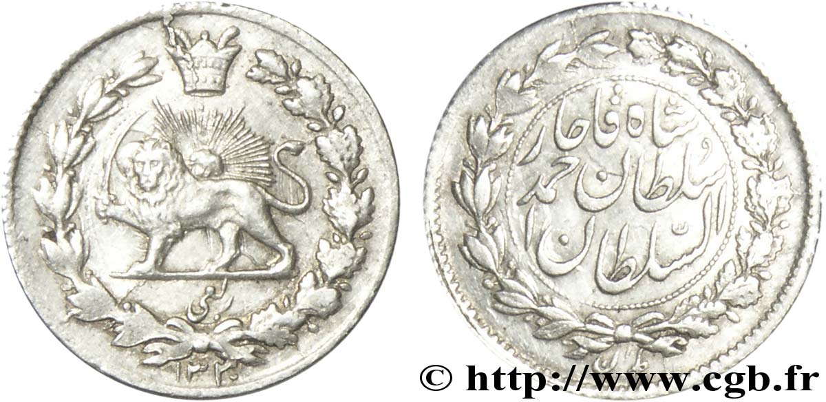 IRAN 1/4 Kran Muzaffar al-Din Shah lion iranien AH 1320 1902 Téhéran TTB 