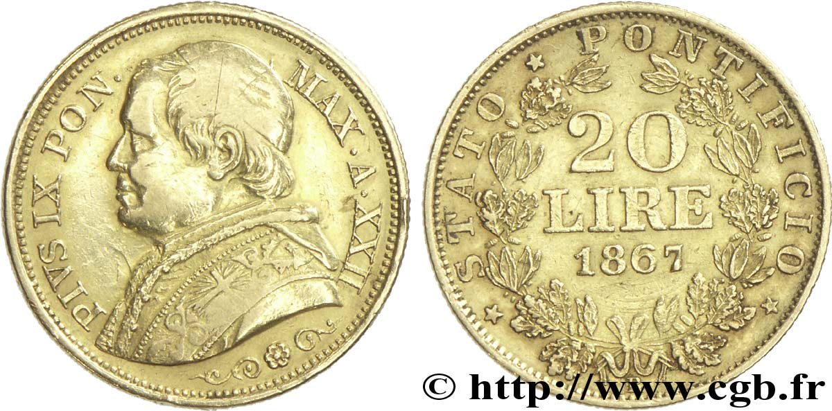 VATICAN ET ÉTATS PONTIFICAUX 20 Lire Pie IX anno XXII 1867 Rome TTB 