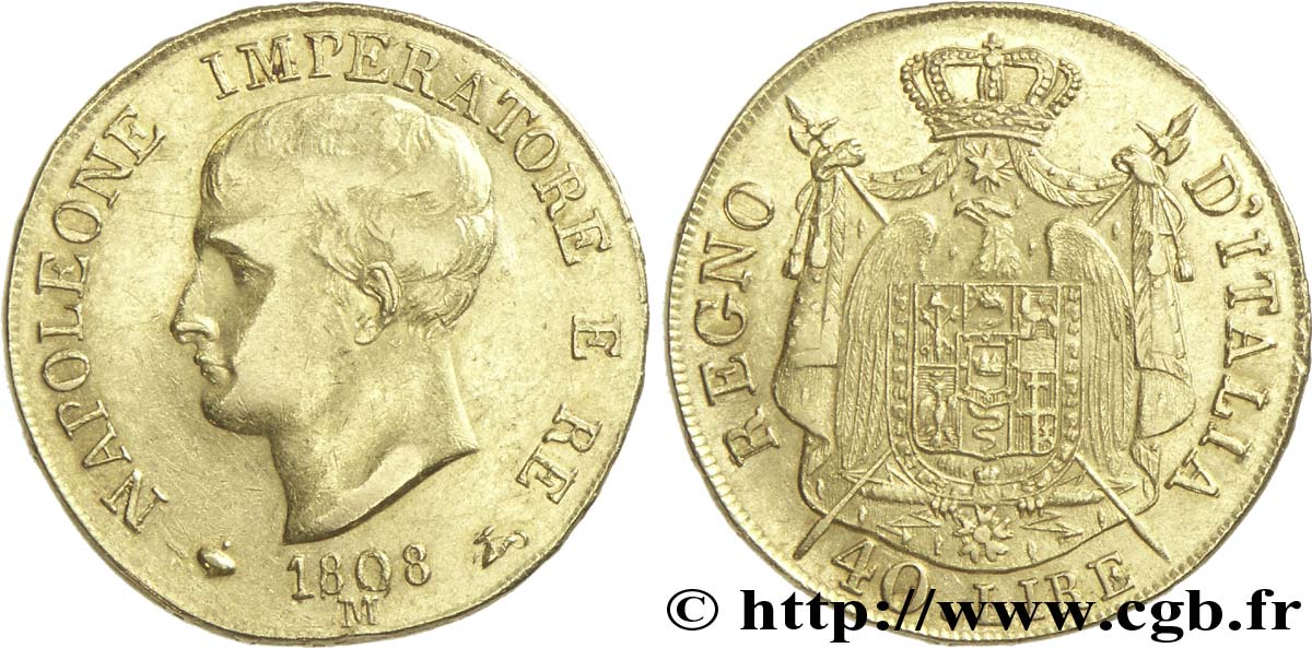 ITALIE - ROYAUME D ITALIE - NAPOLÉON Ier 40 Lire Napoléon Empereur et Roi d’Italie, 1er type à la tranche en relief 1808 Milan - M TTB 