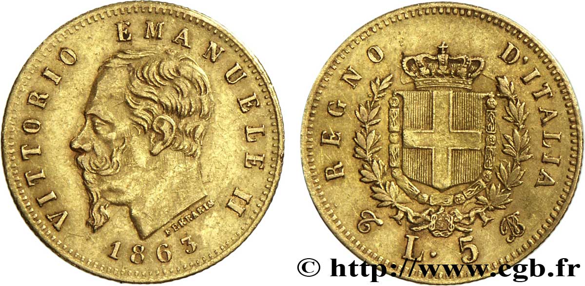 ITALIE 5 Lire Victor Emmanuel II roi d’Italie 1863 Turin - T TTB