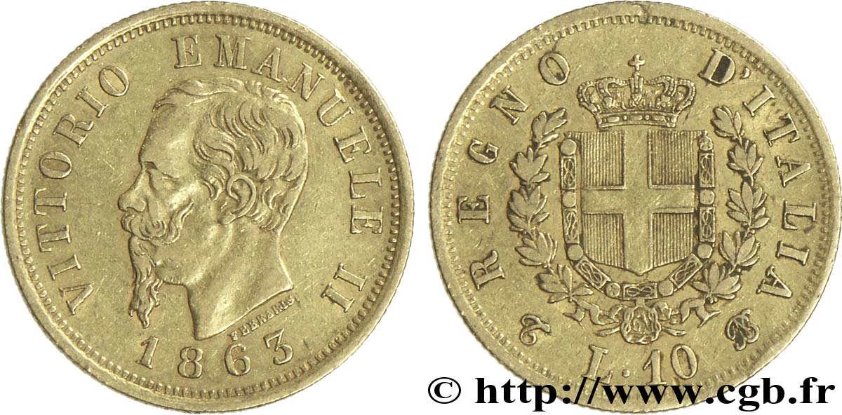 ITALIE 10 Lire Victor Emmanuel II roi d’Italie / armes de la Savoie, variété de diamètre de 19 mm 1863 Turin - T TTB 