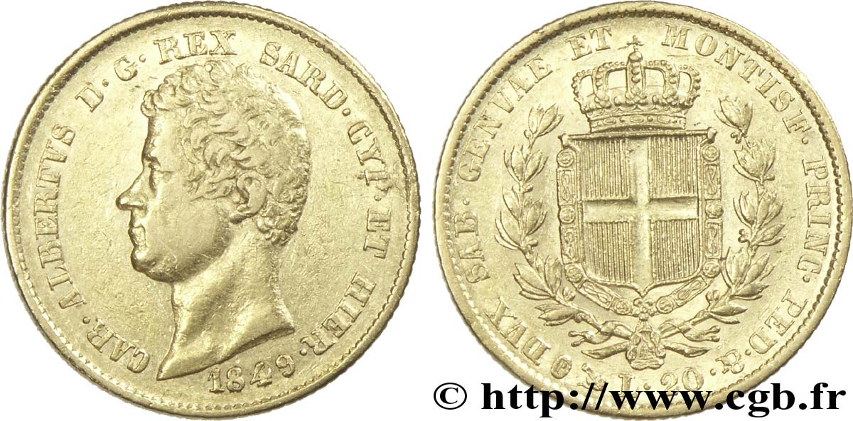 ITALIE - ROYAUME DE SARDAIGNE 20 Lire Charles-Albert roi de Sardaigne 1849 Gênes TTB 