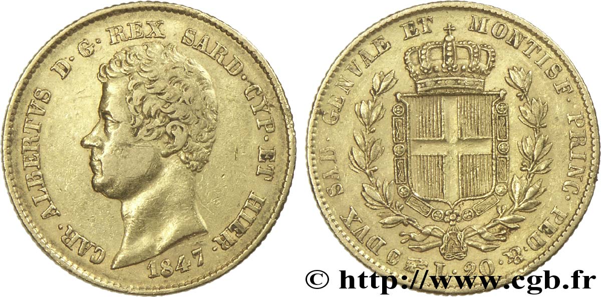 ITALIE - ROYAUME DE SARDAIGNE 20 Lire Charles-Albert roi de Sardaigne 1847 Turin TTB 