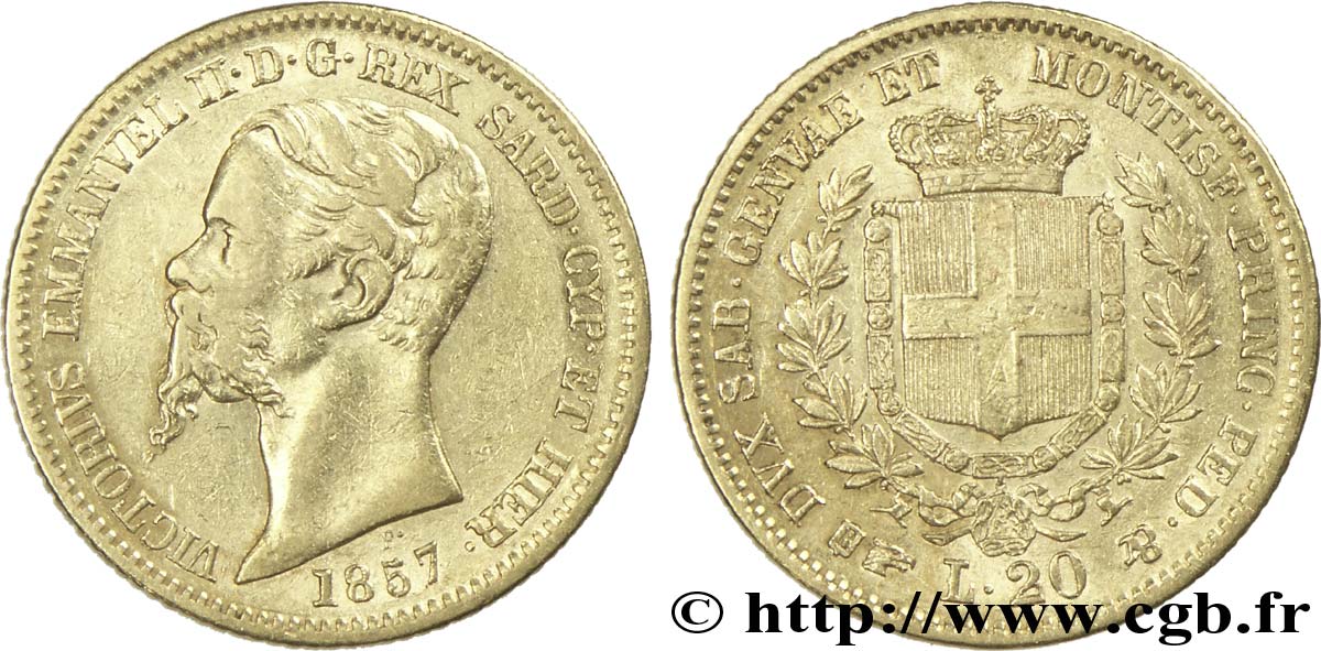 ITALIE - ROYAUME DE SARDAIGNE 20 Lire Victor-Emmanuel II roi de Sardaigne / armes de Savoie couronnées 1857 Turin TTB+ 