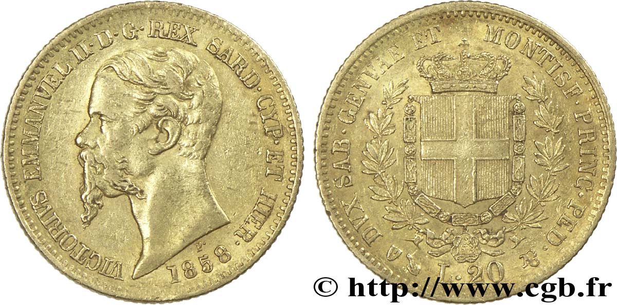 ITALIE - ROYAUME DE SARDAIGNE 20 Lire Victor-Emmanuel II roi de Sardaigne / armes de Savoie couronnées 1858 Gênes TTB+ 