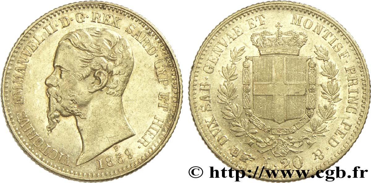 ITALIE - ROYAUME DE SARDAIGNE 20 Lire Victor-Emmanuel II roi de Sardaigne / armes de Savoie couronnées 1859 Turin TTB+ 