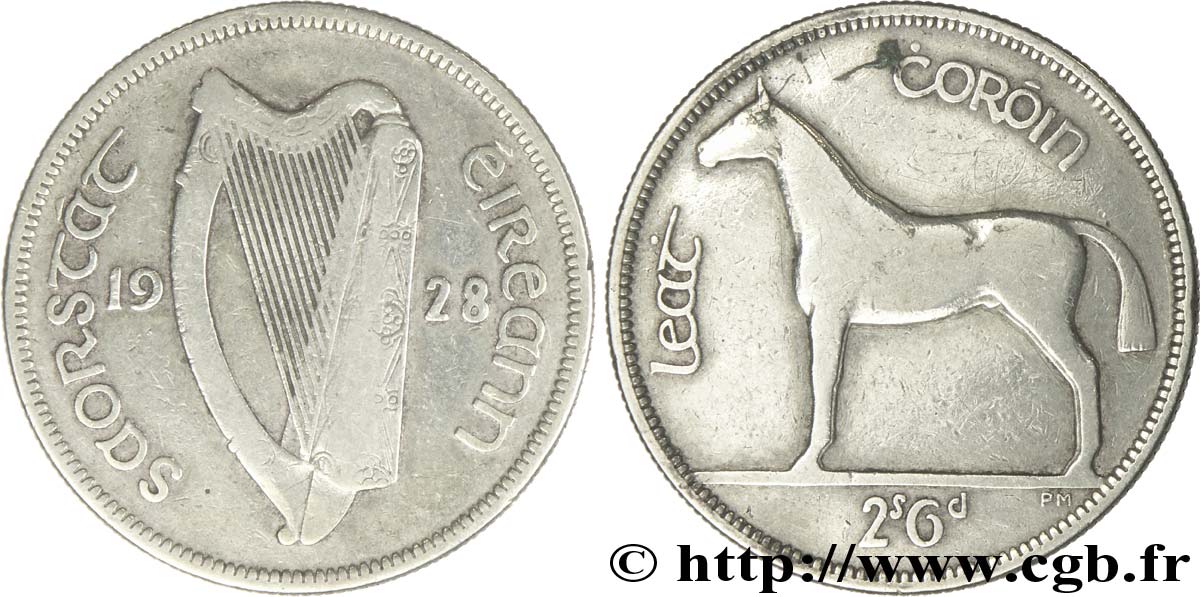 IRLANDE 1/2 Crown harpe / cheval type SAORSTAT EIREANN (état libre d’Irlande) 1928  TB 