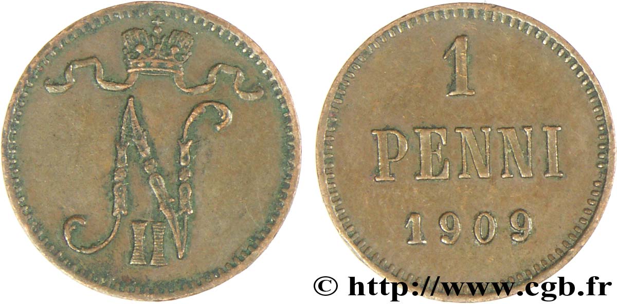 FINLANDE 1 Penni monogramme Tsar Nicolas II 1909  TTB+ 