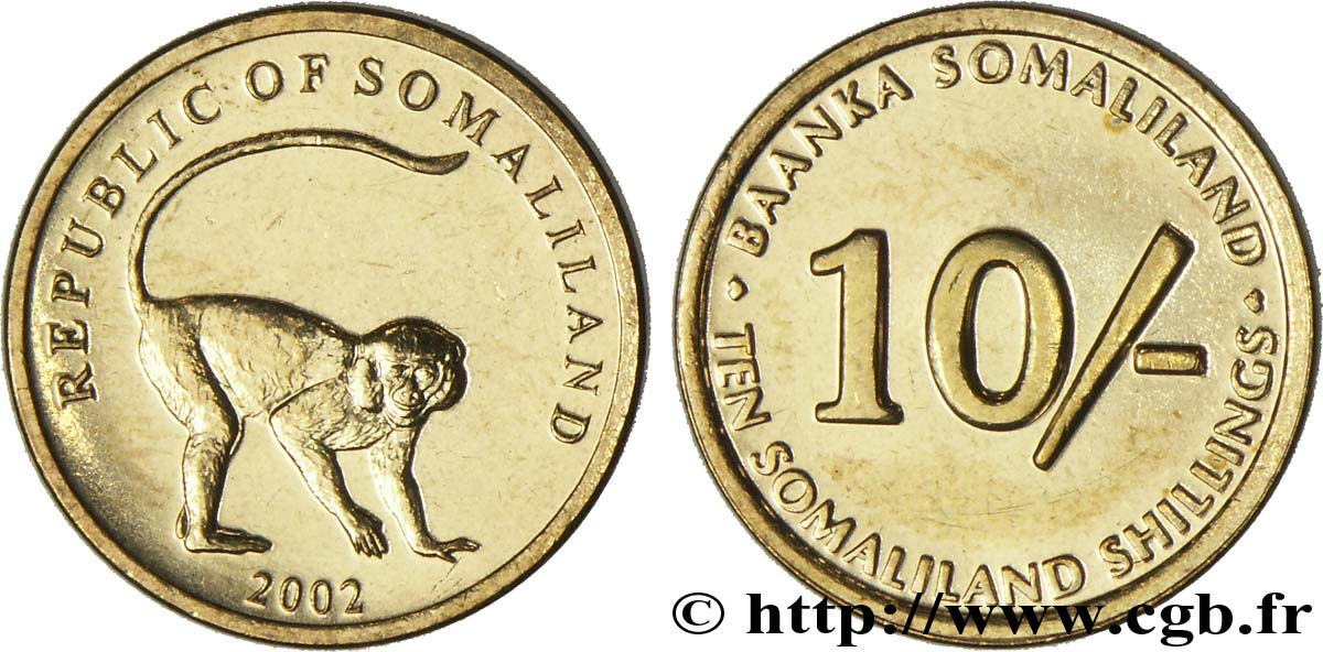 SOMALILAND 10 Shillings singe vervet 2002  SPL 