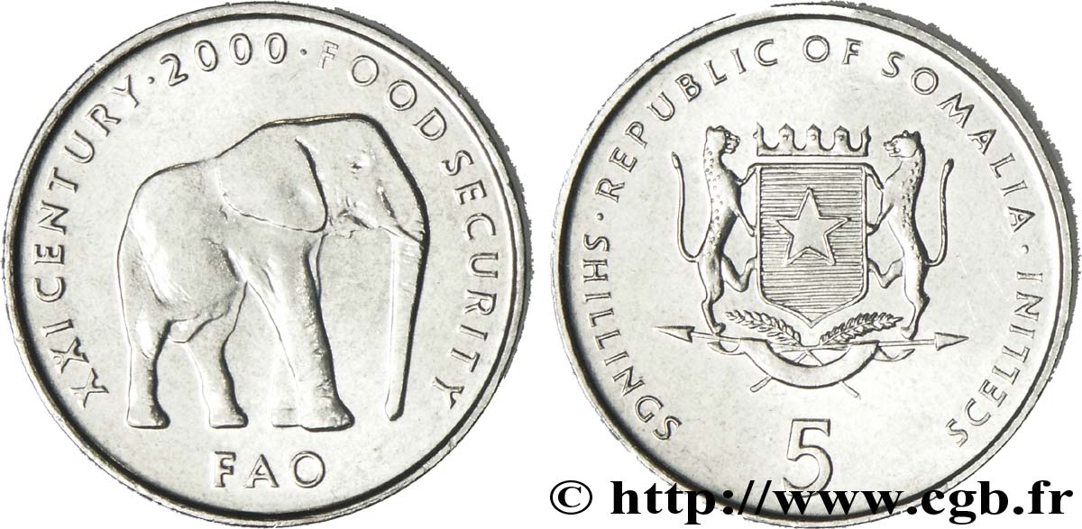 SOMALIE 5 Shillings - 5 Scellini type FAO emblème national / éléphant 2000  SPL 
