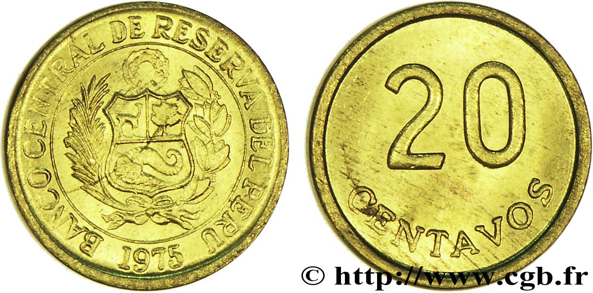 PÉROU 20 Centavos emblème 1975  SPL 